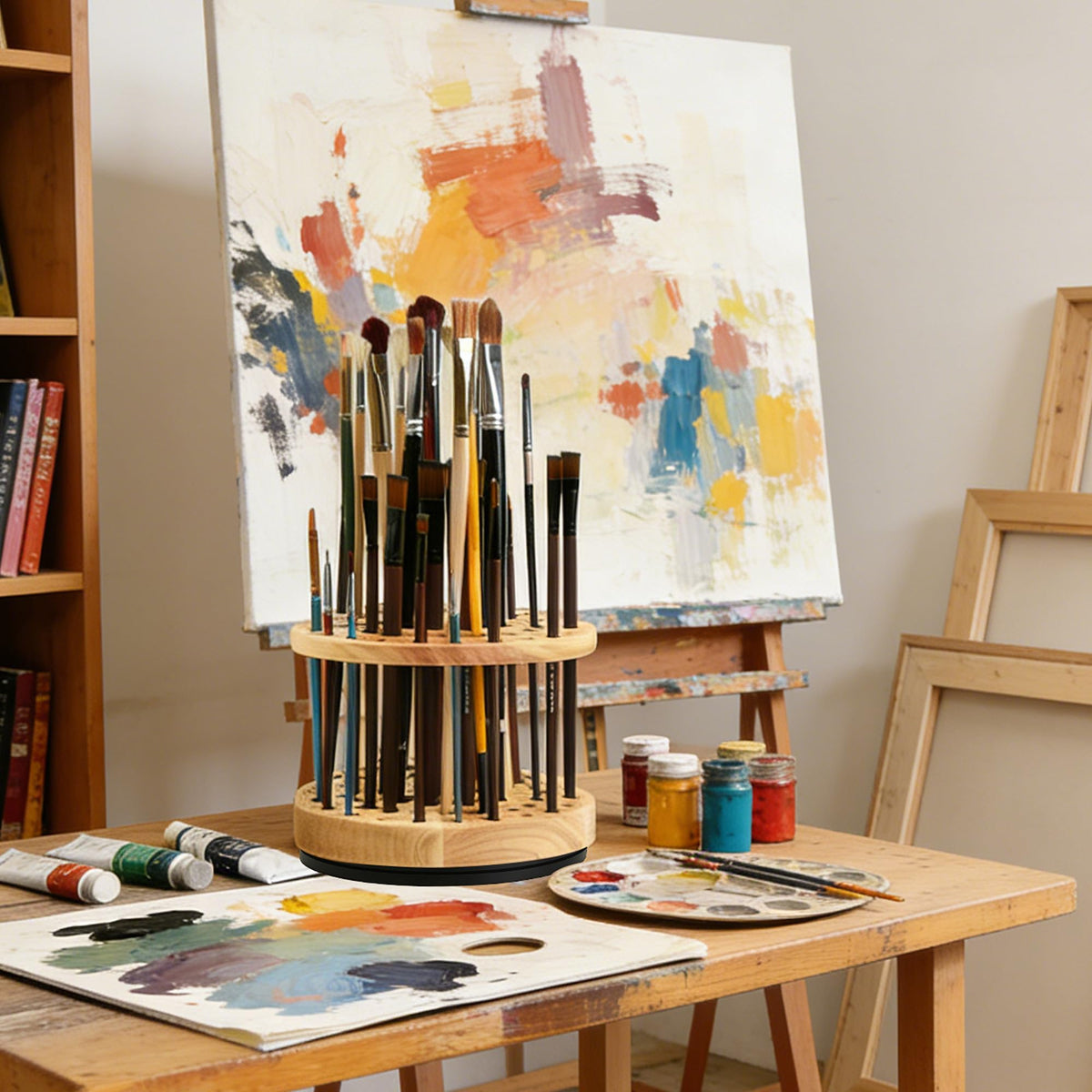 360 Rotating Paint Brush Holder, 52 Holes, Natural Wood