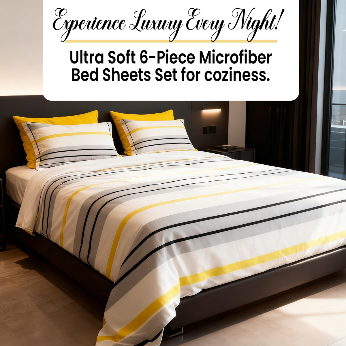 Spirit Linen home 6-Piece Twin Size Bed Sheet Set - Deep Pocket, Striped Pattern, Soft and Breathable Bed Sheets, Microfiber Material, Includes 1 Fitted, 1 Flat, 4 Pillowcases - Grey/Yellow Stripe