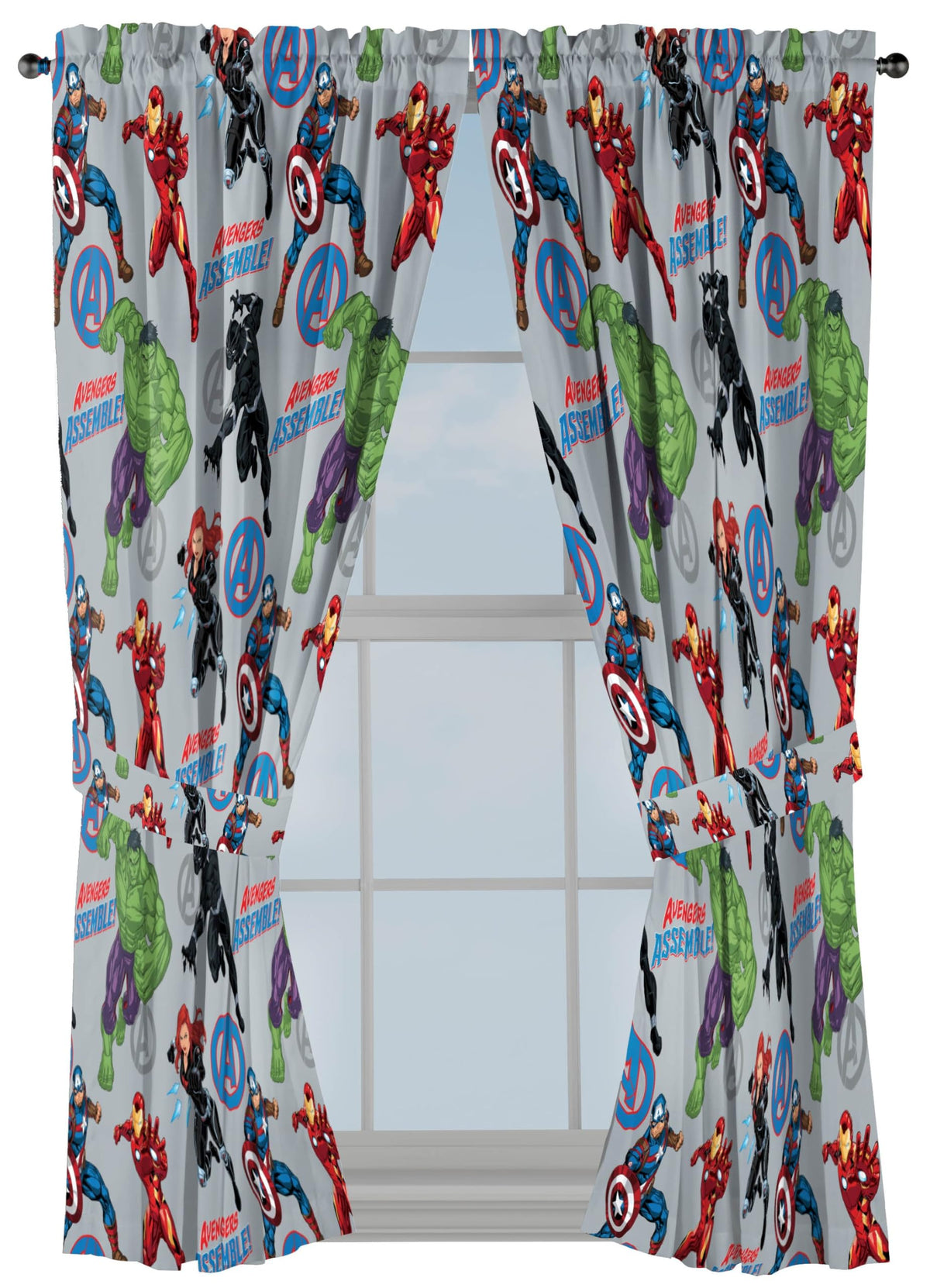 Jay Franco Window Curtains for Kids Bedroom 4-Piece Drape Set with 2 Tiebacks, Grey - Avengers, 42" W x 63" L (Pack of 2)