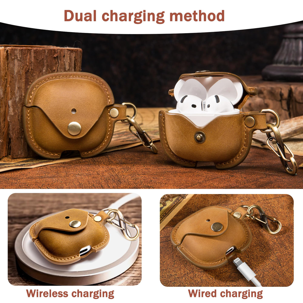 for Apple Airpods 4 (2024 Release), Elegant Retro-Style Crazy Horse Leather Case Cover with Keychain, Supports Wireless Charging, Features Front LED Visibility for Easy Status Check (Brown)