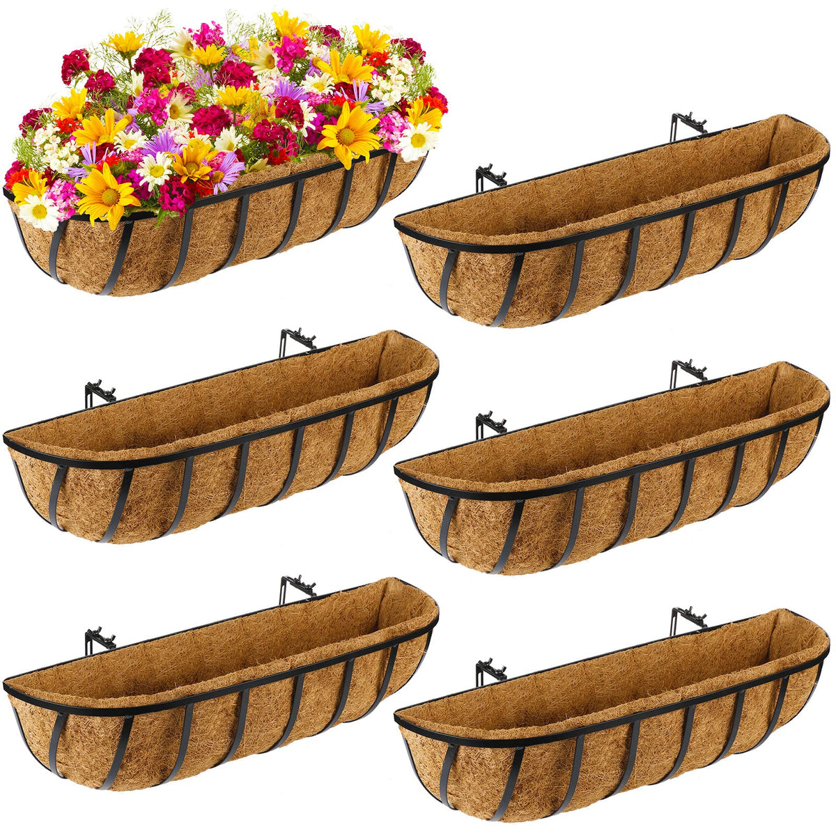 Tessco for you 6 Pieces Railing Planter Boxes, 24 Inches Window Box Planters with Coco Liner and Adjustable Brackets for Deck Porch Fence Patio Balcony Gardening Outdoor Plants