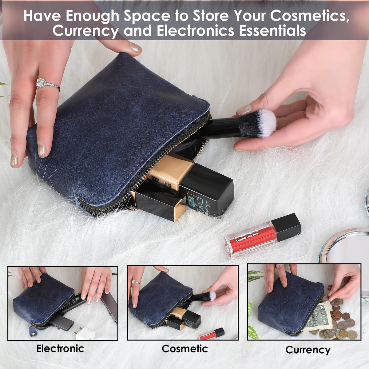 TheAntiq Full Grain Leather Cosmetic Bag – Zippered Makeup Pouch for Women, Small Travel Toiletry & Organizer Pouch for Purse, Premium Handmade Leather (5 × 4 × 2.5 in)
