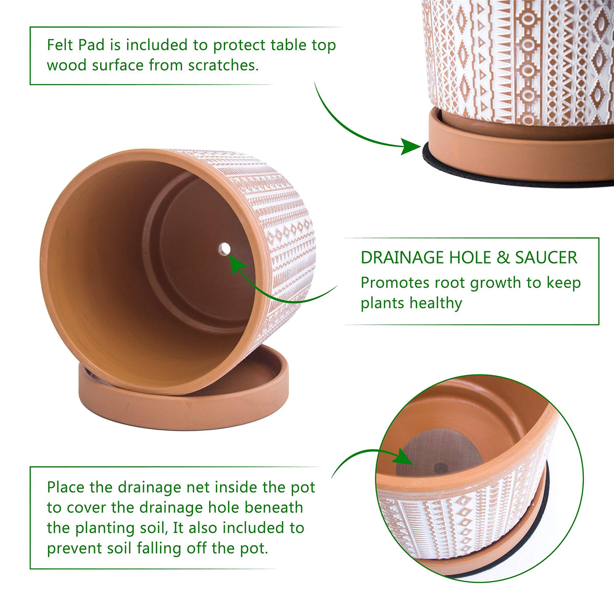 D'vine Dev Set of 2 Terracotta Pots, 6.5 Inch & 8.2 Inch, Planter Pots for Plants with Drainage Holes and Saucers, Terracotta/White, Medium, 34-958-A-1