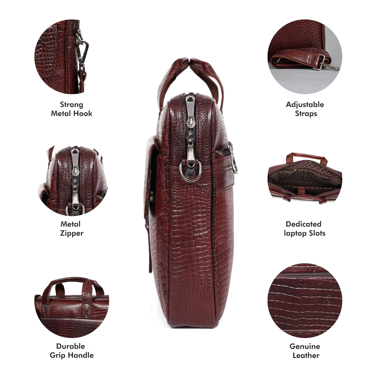 Leder Luxus 16" Crocodile Embossed Leather Briefcases for Men, Laptop Briefcase For Men, Satchel Shoulder Bag,2 Zipper Pockets, 2 Spacious Compartments,1 Flap Pocket 12x16x4 inches (Classic Brown)