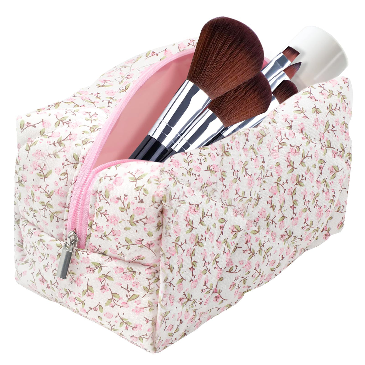 dark swan Cotton Quilted Makeup Bag, Cute Pouch Toiletry Bag Cosmetic Bag Quilted Floral Organizer Bag Travel Coquette Aesthetic Portable Storage Zipper Purse for Women (Pink)