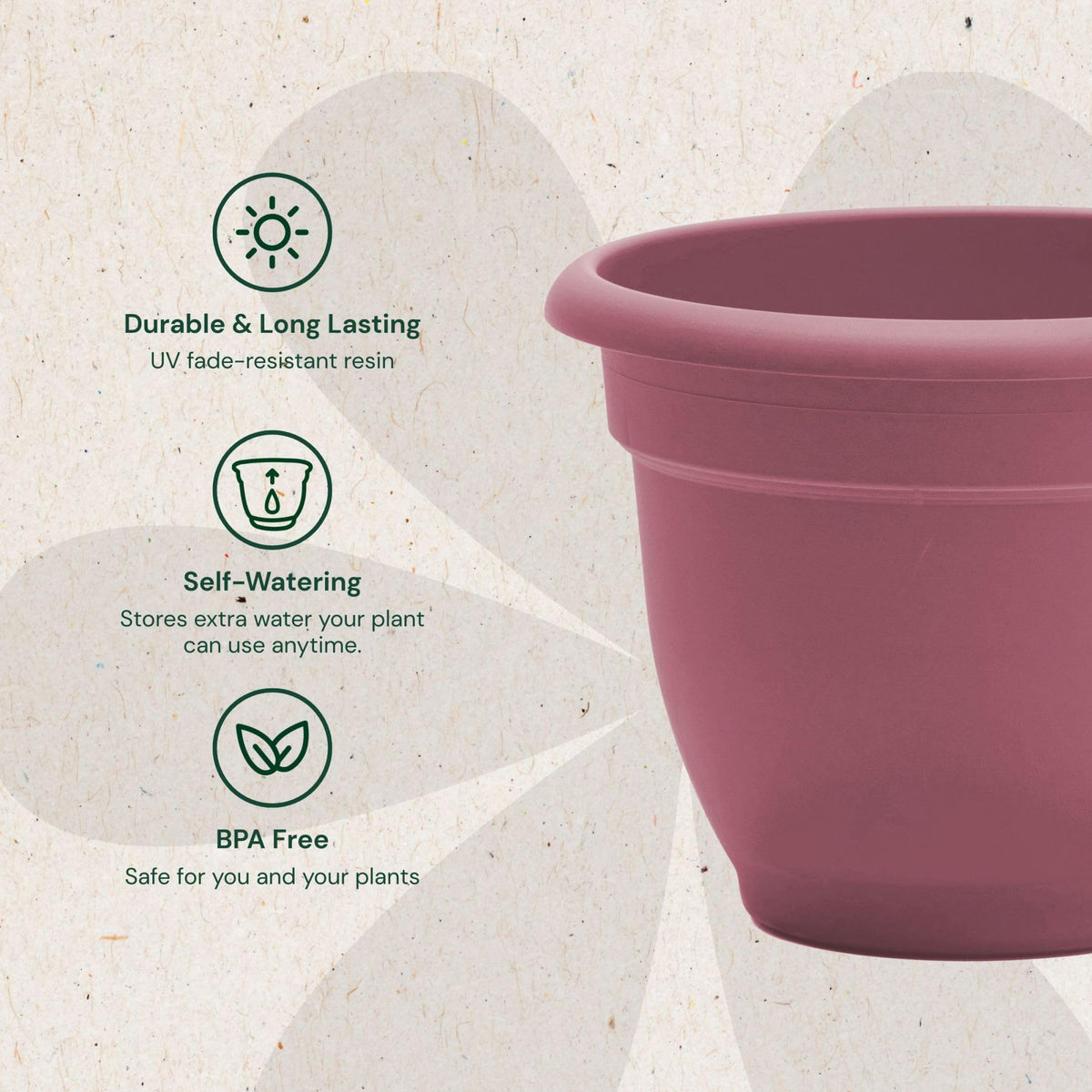 Bloem Ariana 12" Self-Watering Plastic Planter - Rolled Rim Indoor/Outdoor Garden Pot, Dusty Rose, 2-Pack