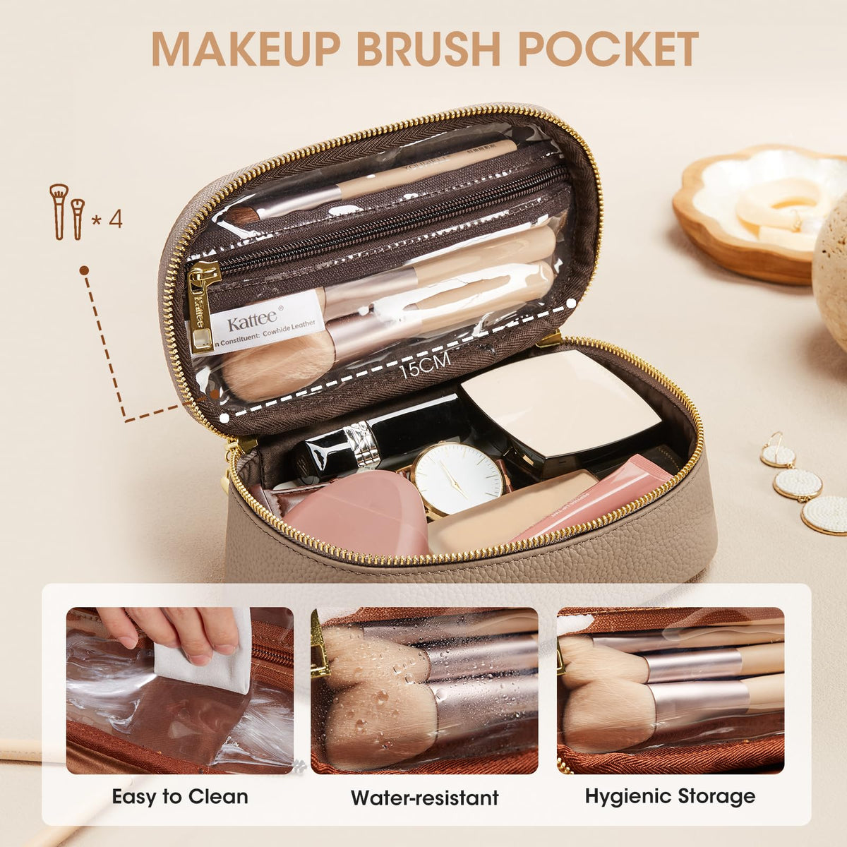 Kattee Makeup Bag for Women, Leather Cosmetic Bag, Working Makeup Bags for Ladies with Handles, Portable Travel Toiletry Bag,Apricot