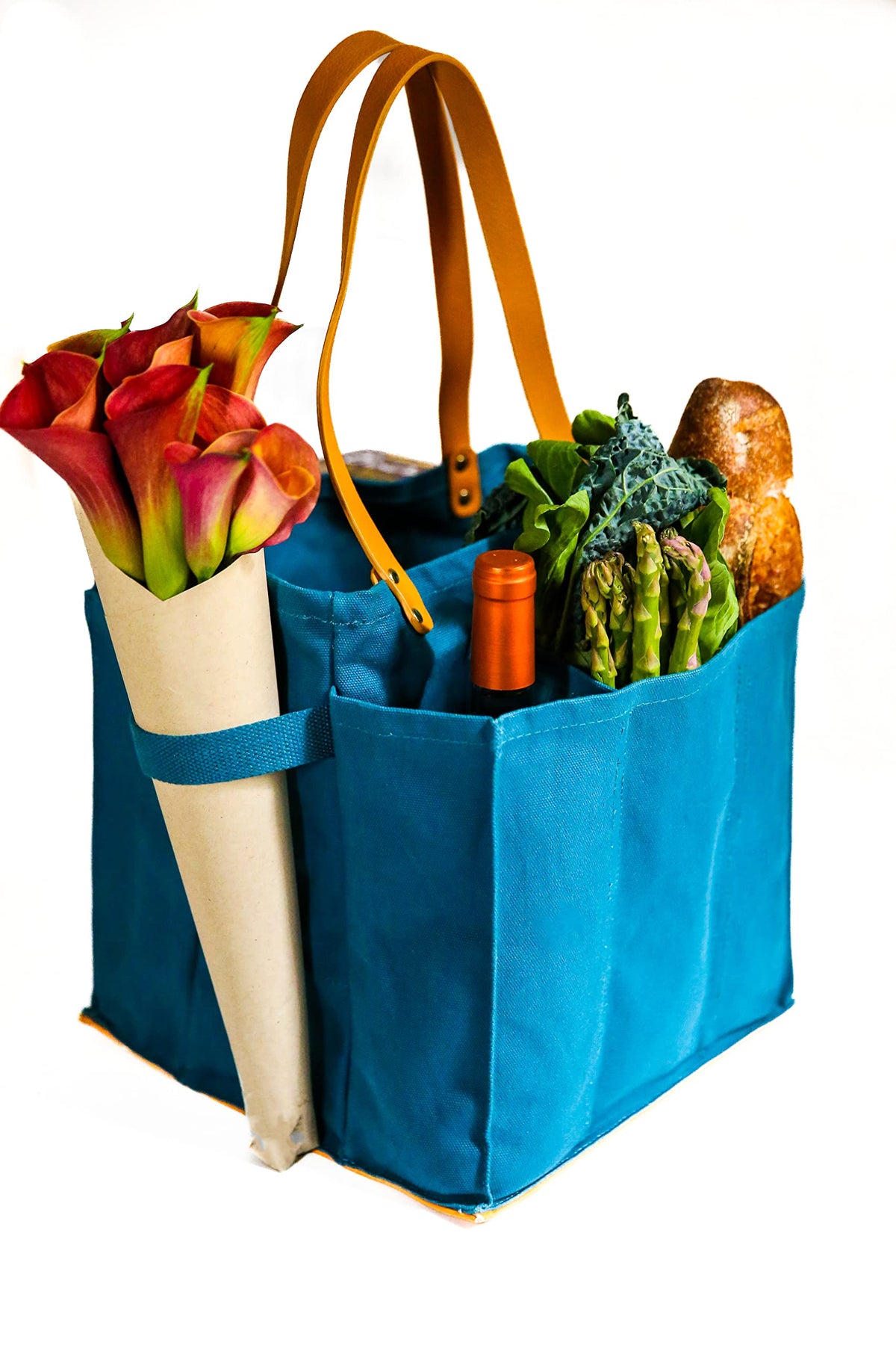 CapaBunga Farmer's Market Tote Shopping Bags with Handles - 7 Pocket Large Utility Tote Bag - Heavy Duty Canvas Utility Bag with Vegan Leather Base - Reusable Tote Bag - Petrol Blue Grocery Bag