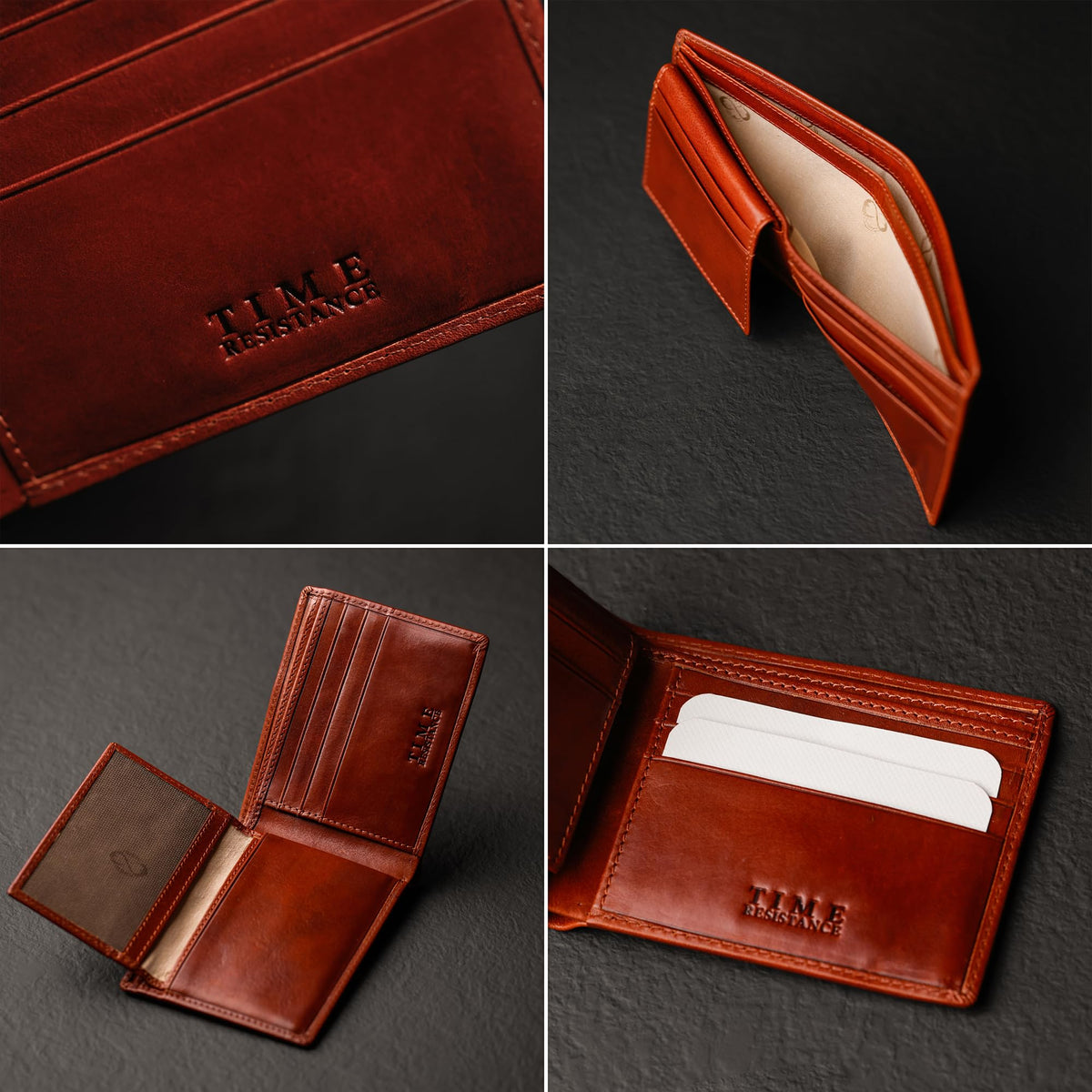 Time Resistance Leather Wallet – Italian Handmade Minimalist Design Wallet - Billfold Credit Card and Cash Holder (Cognac Brown)