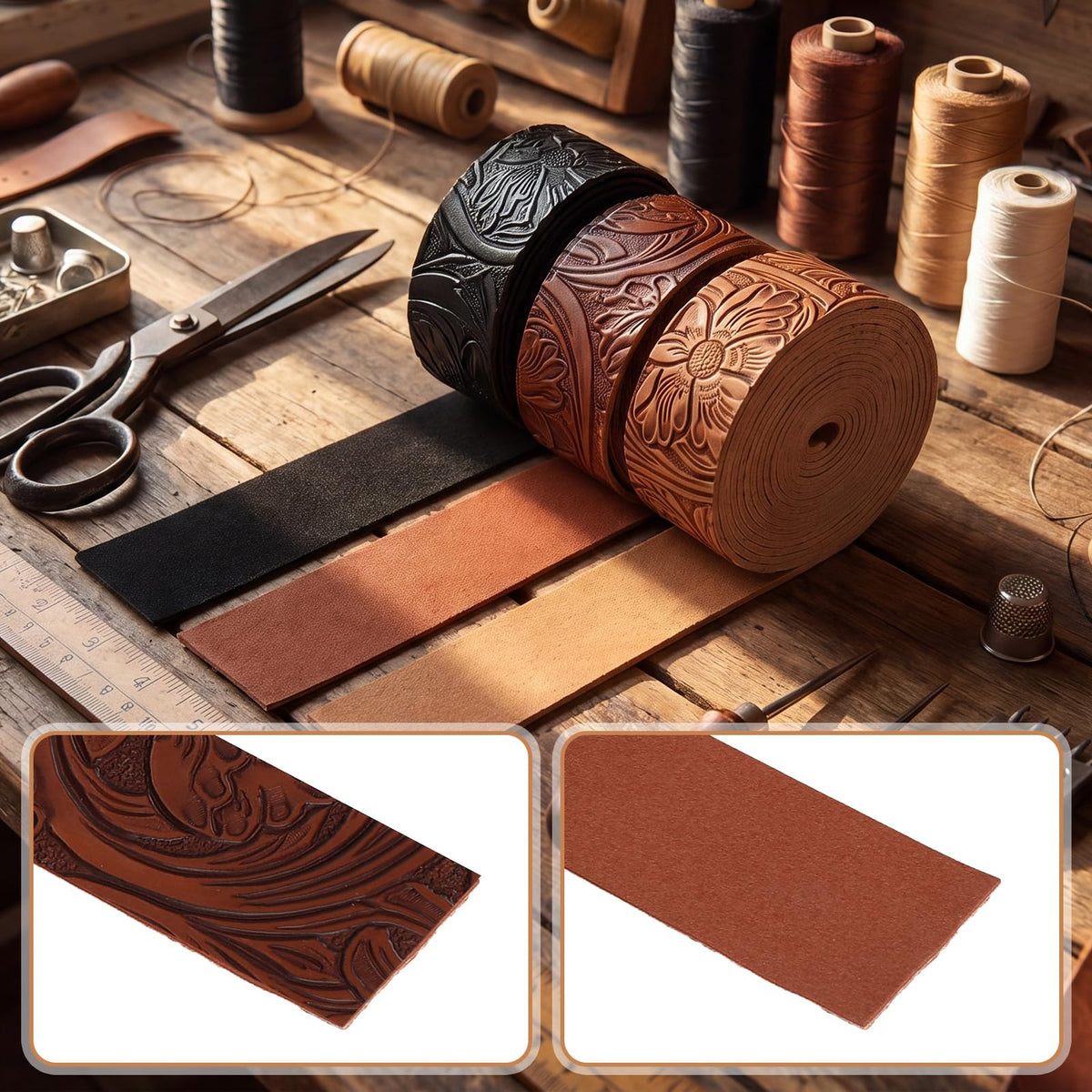 Eccliy 1 Inch 3 Pack Embossed Faux Leather Strips for Crafts 2 mm Thickness 78.7 Inches Long Leather Straps Vintage Western Bump Texture for DIY Belt Tooling Earrings Bows Projects (Earthy)