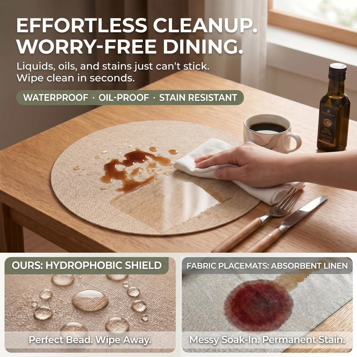 Faux Leather Placemats Set of 6, Wipeable Waterproof Stain Resistant Table Mats, Heat Resistant Thick Placemats with Hand-Painted Edges for Kitchen Dining, Imitative Linen Texture, Various Shapes