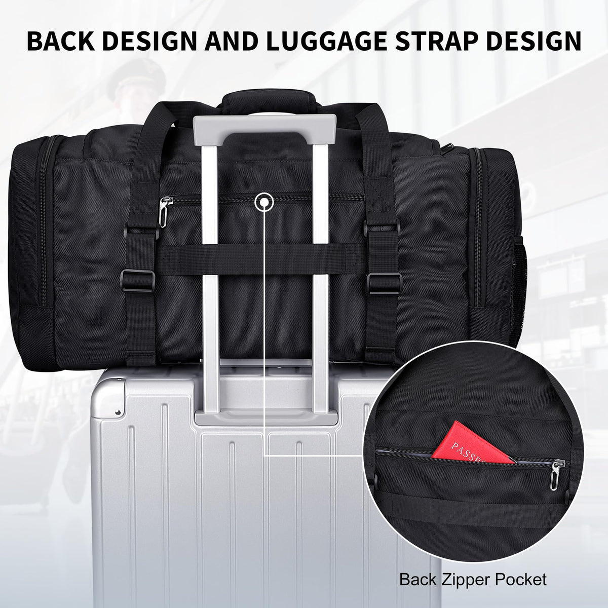 WITZMAN Duffle Bag for Men Large Carry On Weekender Bag 54L Nylon Duffle Gym Bags for Travel with Shoes Compartment(B717 Black)