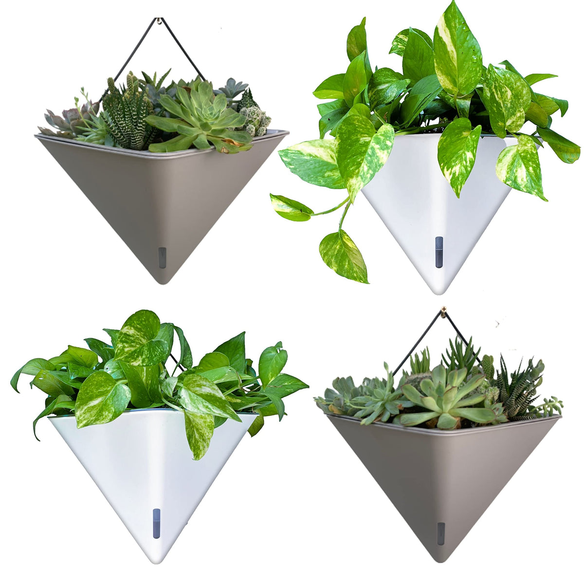LaLaGreen Bundle - 12" x 6 Pack Gray + 12" x 2 Pack White Large Self Watering White Geometric Hanging Flower Vase Vessel with Metal Hanger, Modern Stylish Wall Mounted Succulent Pot Holder Decor