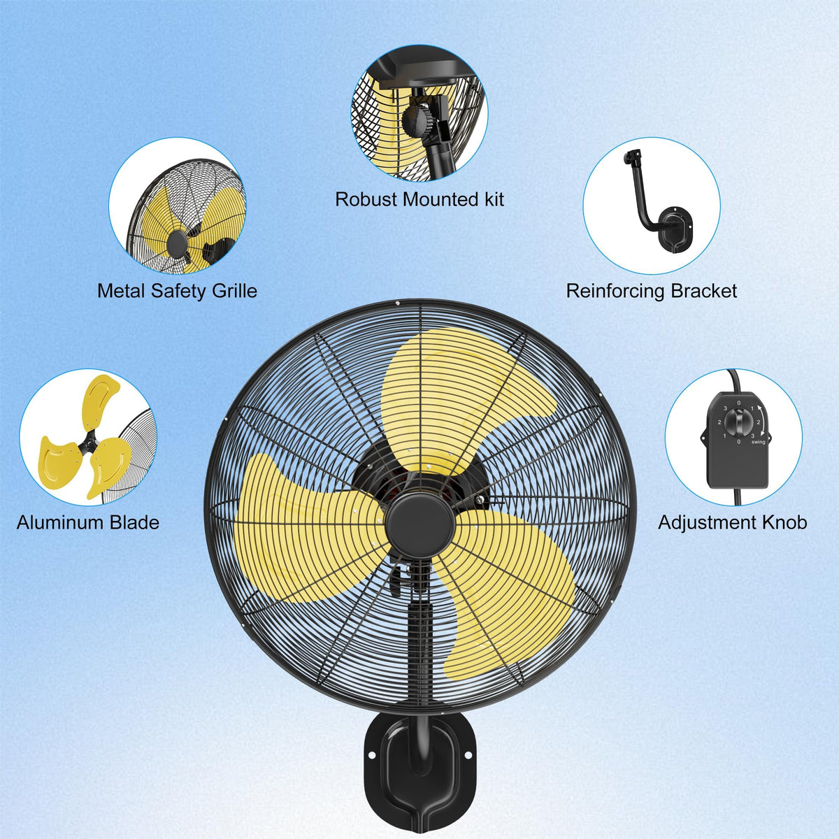 20 Inch Wall Mount Fan,7200 CFM Industrial Fan with 90° Oscillation,3 Speeds,Poweful Motor,Adjustable Tilt,High Velocity Fans for Garage,Shop,Patio,Factory,Gym,Porch,Outdoor,Indoor