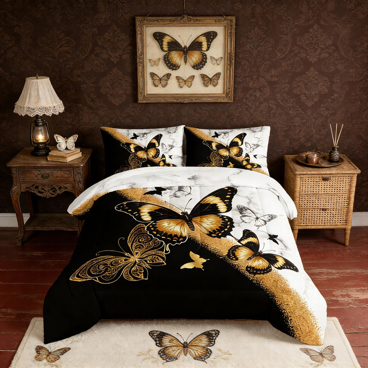 UEVBF Kids Bedding Queen Size Comforter Set,Black and Gold Butterfly Bedding Comforter Sets for Boys Girls Room Decor,Animal Themed Artistic Aesthetic Bedding Sets with 2 Pillowcases.