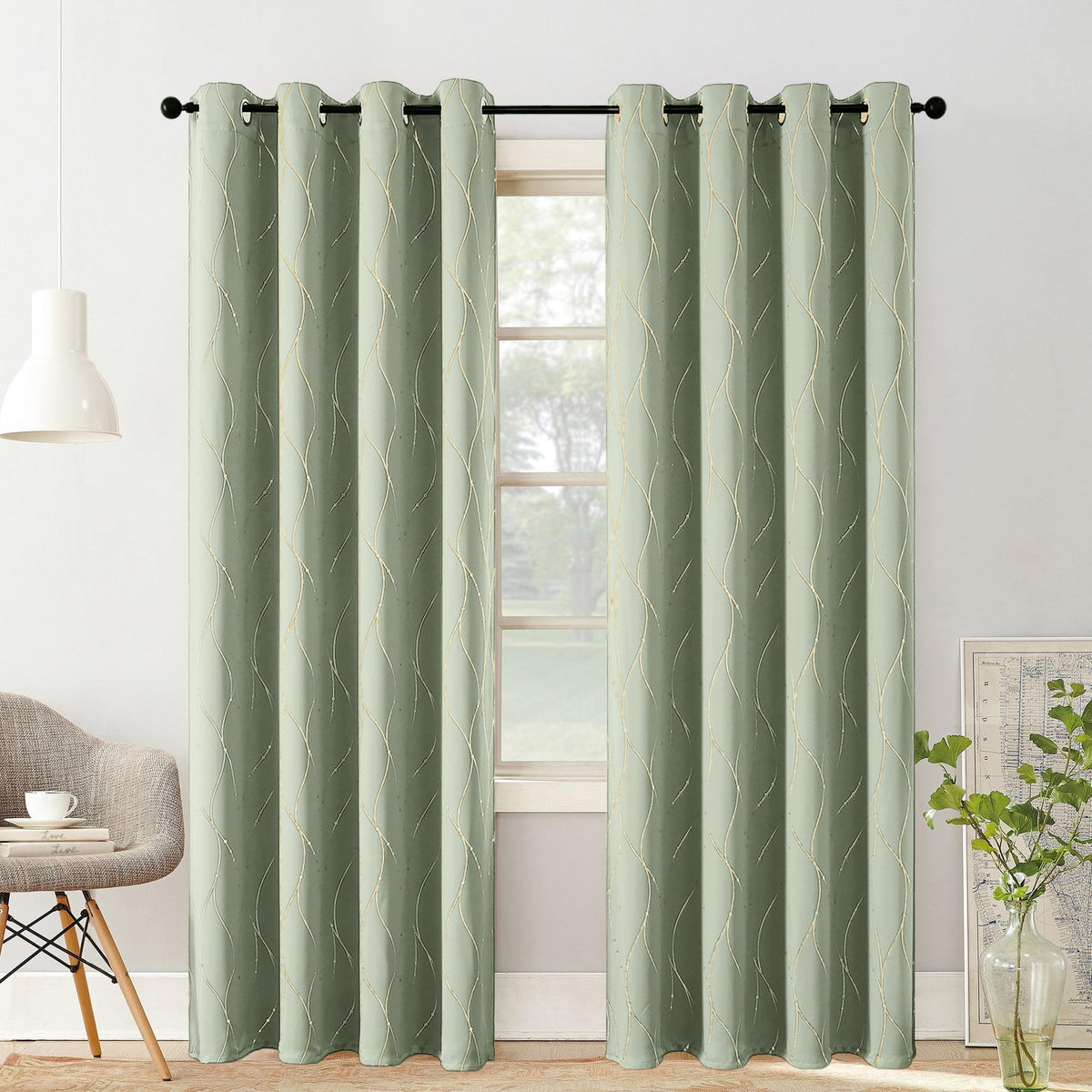 BUHUA Blackout Curtains Gold Foil Print Wave Line and Dots Grommet Drapes, Room Darkening Thermal Insulated Curtains, Noise Reducing Curtain for Bedroom, Sage Green, 52Wx72L, 2 Panels