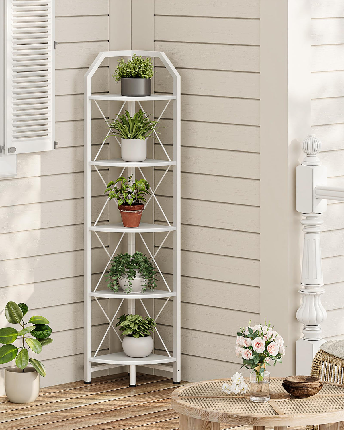CHOEZON 5-Tier Corner Shelf, Industrial Corner Bookshelf, 59.4" Corner Storage Stand, Plant Stand Display Shelf, Corner Bookcase for Bedroom, Living Room, Home Office, White TCJ10WB