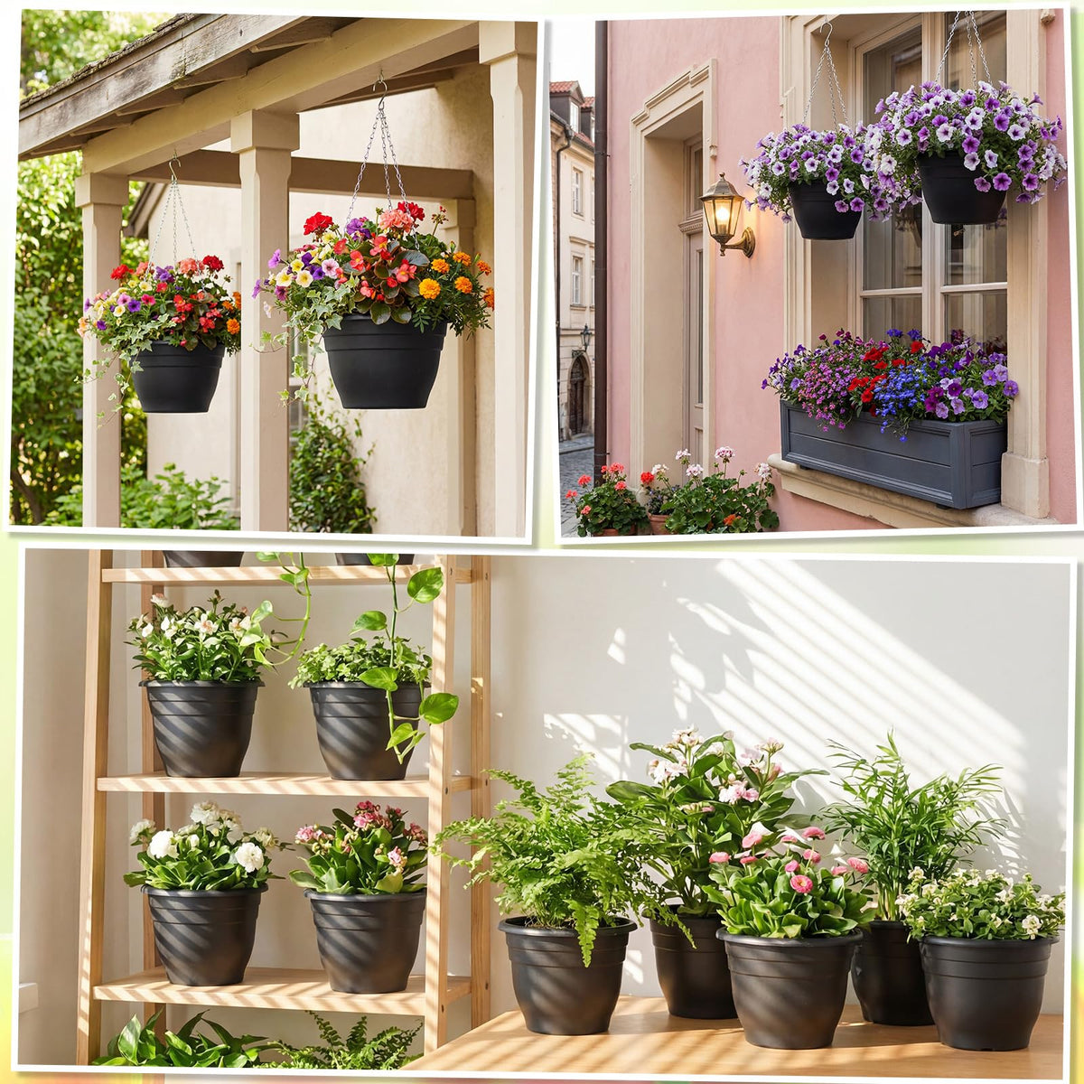 Romooa 20 Pack 10 Inch Plastic Hanging Planter Bulk Black Hanging Baskets for Plants with Drainage Trays Self Watering Plant Pot Outdoor Indoor Planter for Garden, Balcony, Porch, Patio Decor