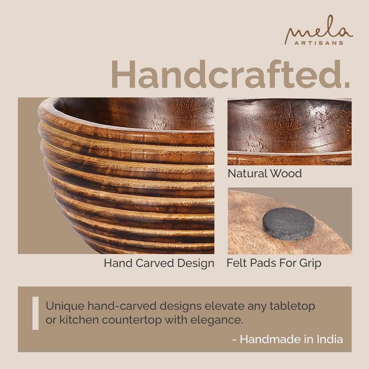 Mela Artisans Wooden Fruit Bowl | Dark Burnt Finish | 9” Decorative Mango Wood Serving Bowl | Multipurpose for Kitchen Countertop | Salad | Snacks | Fruit | Breads & More | Natural Grain Look
