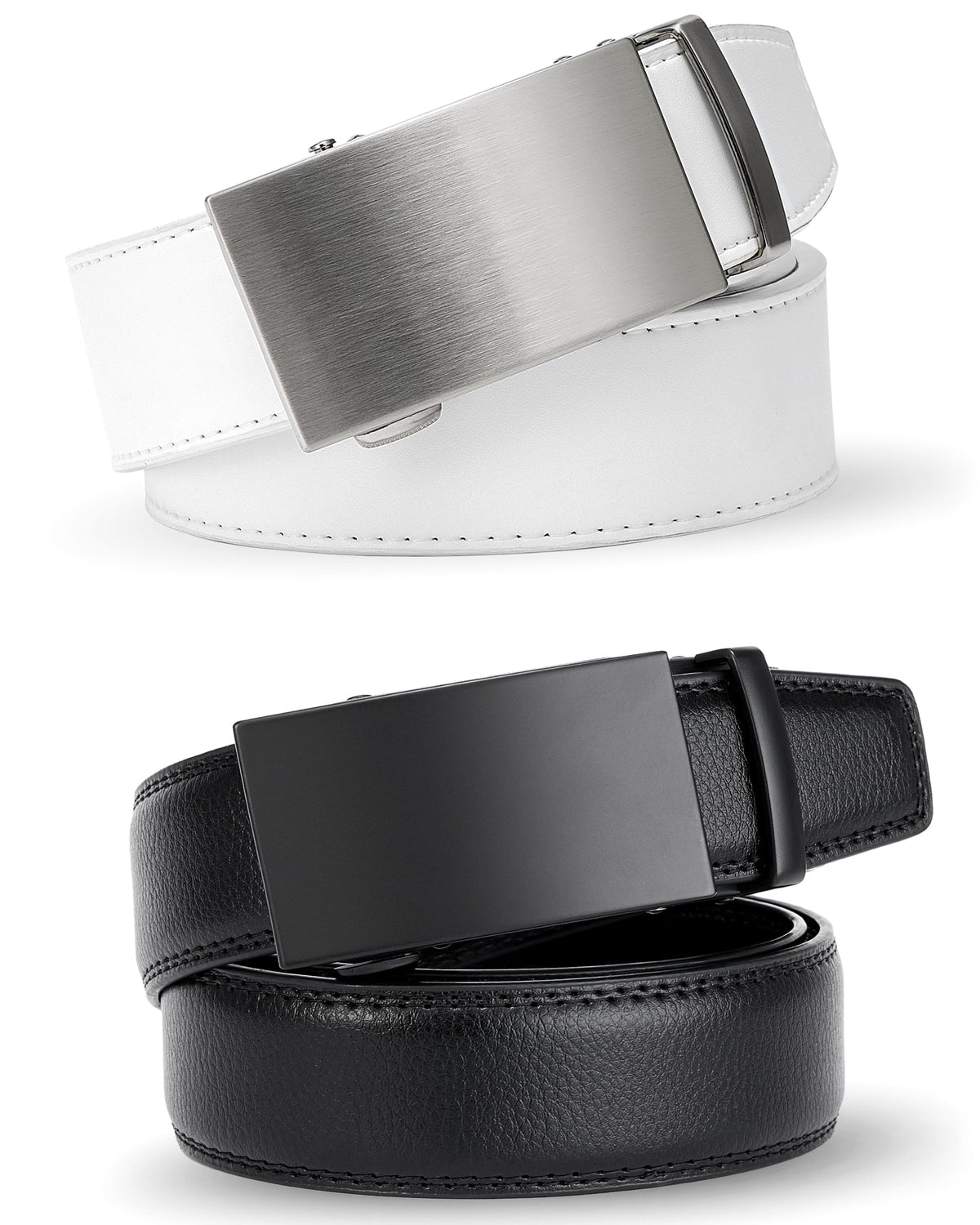 MILORDE Men's Leather Ratchet Belt - 35mm - Customizable Fit(2pack-Black/White,32" to 38" Waist Adjustable)