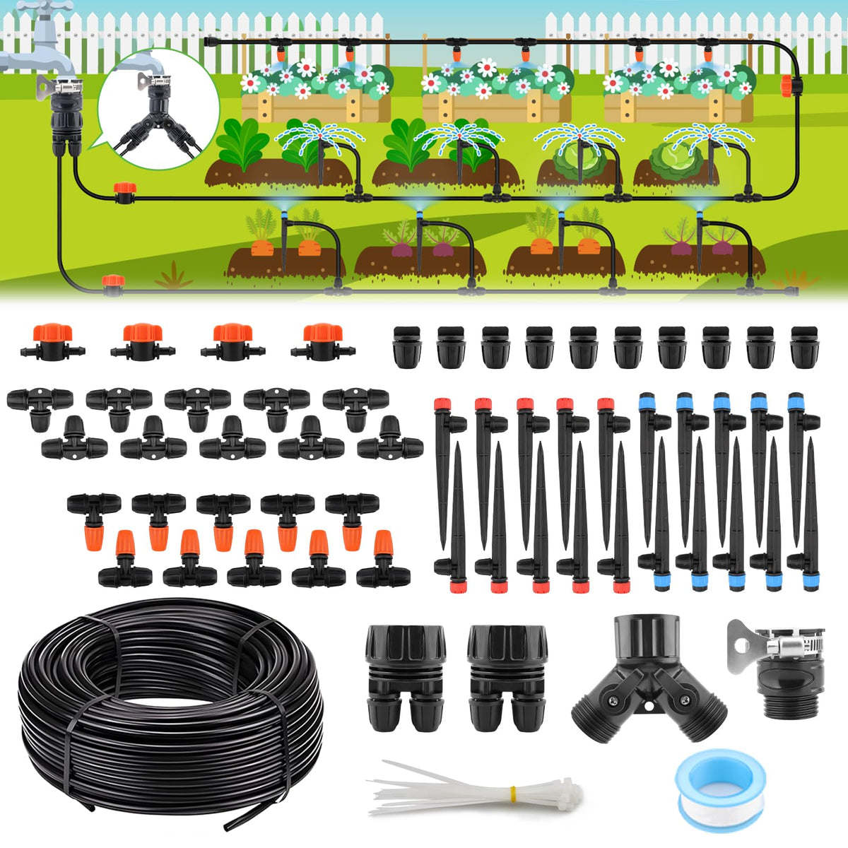 100FT Drip Irrigation System Kit, Automatic Watering System with 30 Adjustable Nozzles & 30M 1/4" Tubing – DIY Solution for Gardens, Greenhouses, Patios & Lawn – Effortless Plant Care + Water-Saving