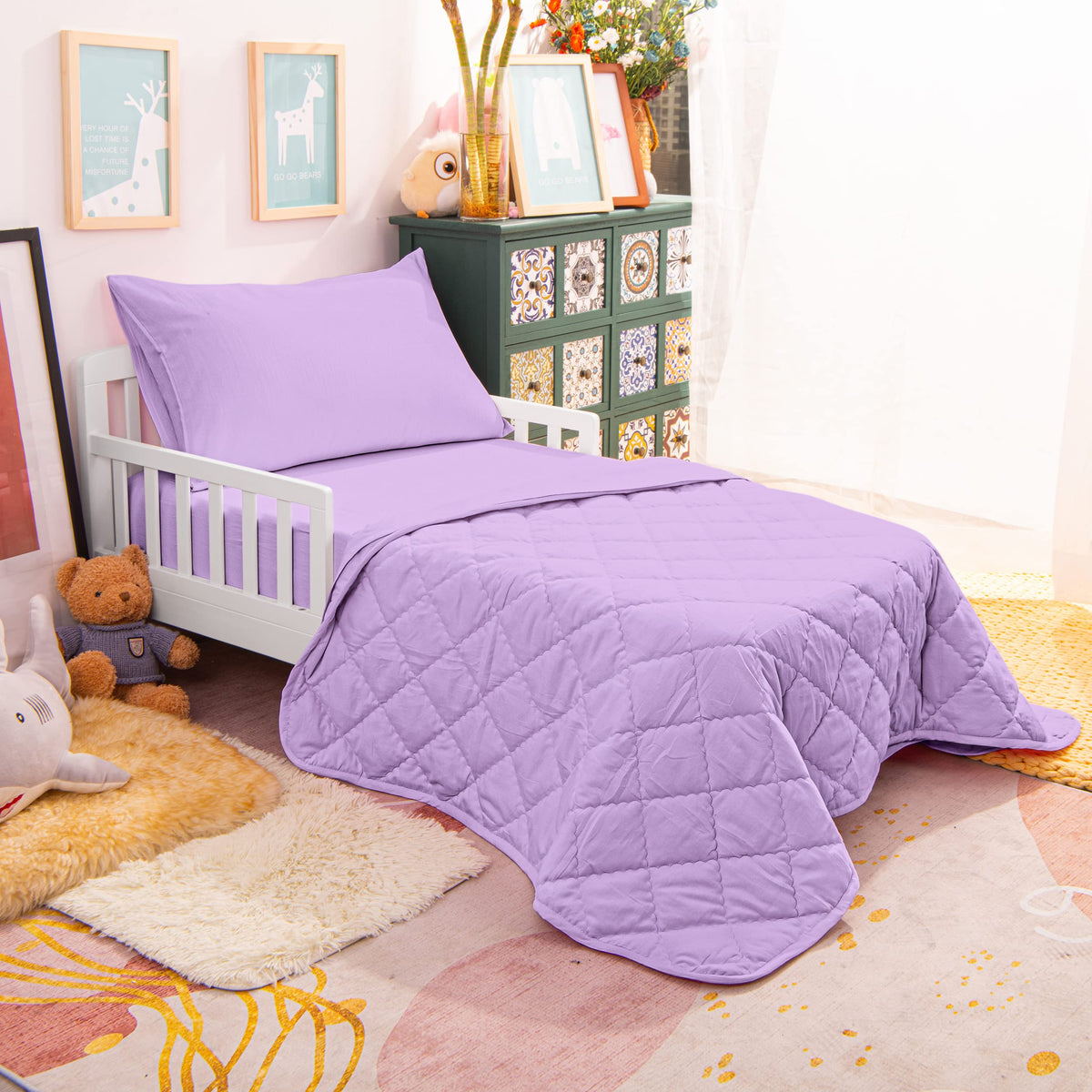 NTBAY Toddler Bedding Set - 4 Piece Soft and Breathable Crib Bedding Set for Boys and Girls, Includes Quilted Comforter, Fitted Sheet, Flat Top Sheet and Envelope Pillowcase, Lavender