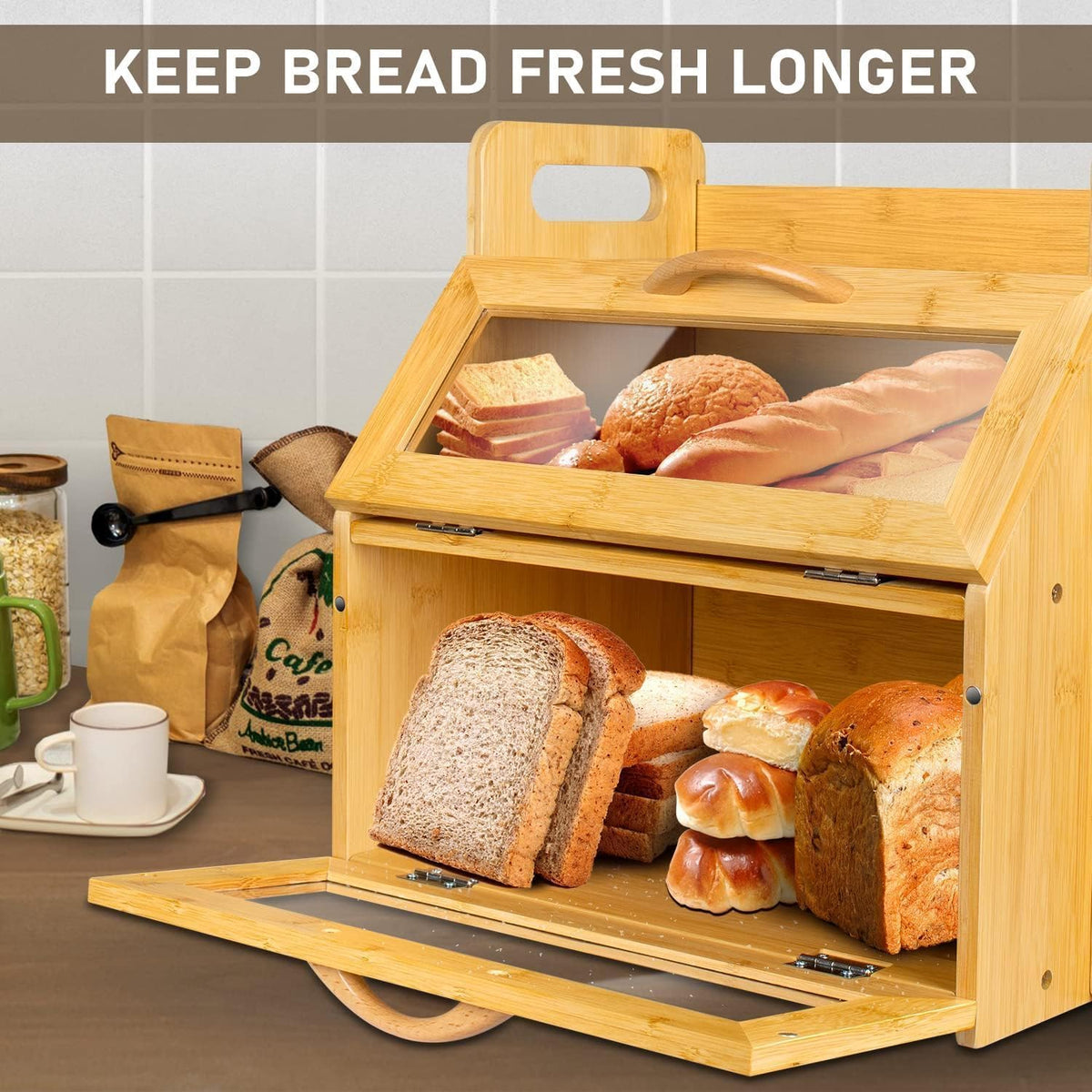 BAMBANG Extra Large Bread Box, Double Layer Bread Box for Homemade Bread, Bamboo Wooden Bread Storage Container with Tool Holder & Handles & Window, Assembly Required(14.9" x 11" x 15.3") Natural