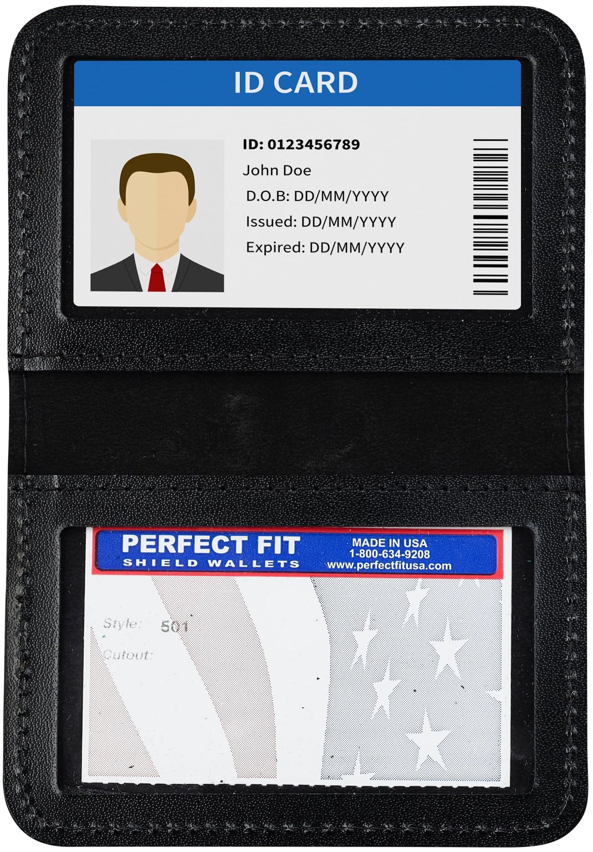 Perfect Fit Shield Wallets 2 ID Leather License Holder Bifold Double I.D. Credit Card Gun Permit Standard Card Size Slim Wallet (Black)