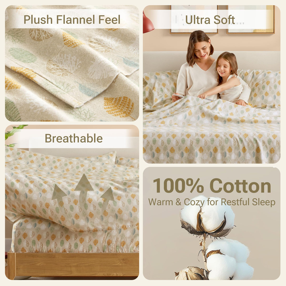 True North by Sleep Philosophy Cozy Flannel Warm 100% Cotton Sheet - Novelty Print Animals Stars Cute Ultra Soft Cold Weather Bedding Set, Twin XL, Multi Leaves 3 Piece