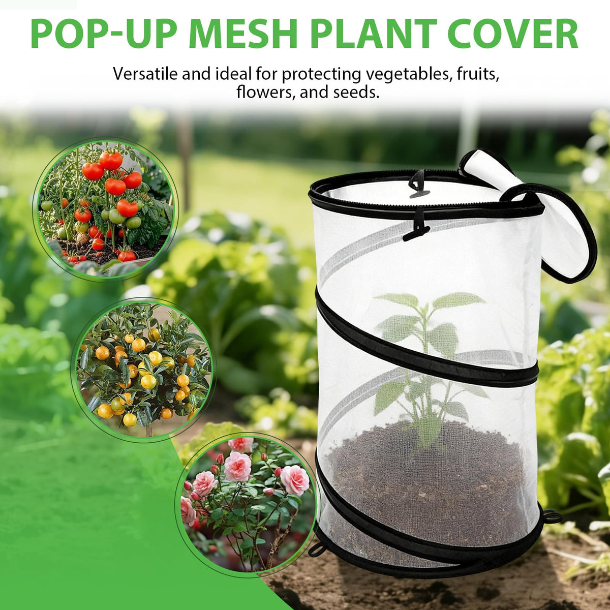 Hoypeyfiy 4 Pcs Pop Up Insect & Bird Barrier Plant Cover Net, 24"x12" Round Foldable Mesh Protector, Garden Cage Guard with Stakes & Carry Bag, Keep Animals & Birds Out for Vegetables and Flowers