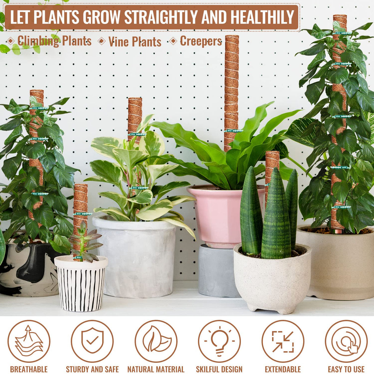4 Pcs 12 Inches Coir Totem Pole With 8 Pcs Adjustable Plant Twist Ties - Moss Stick for Creepers Plant Support Extension, Climbing Indoor Plants
