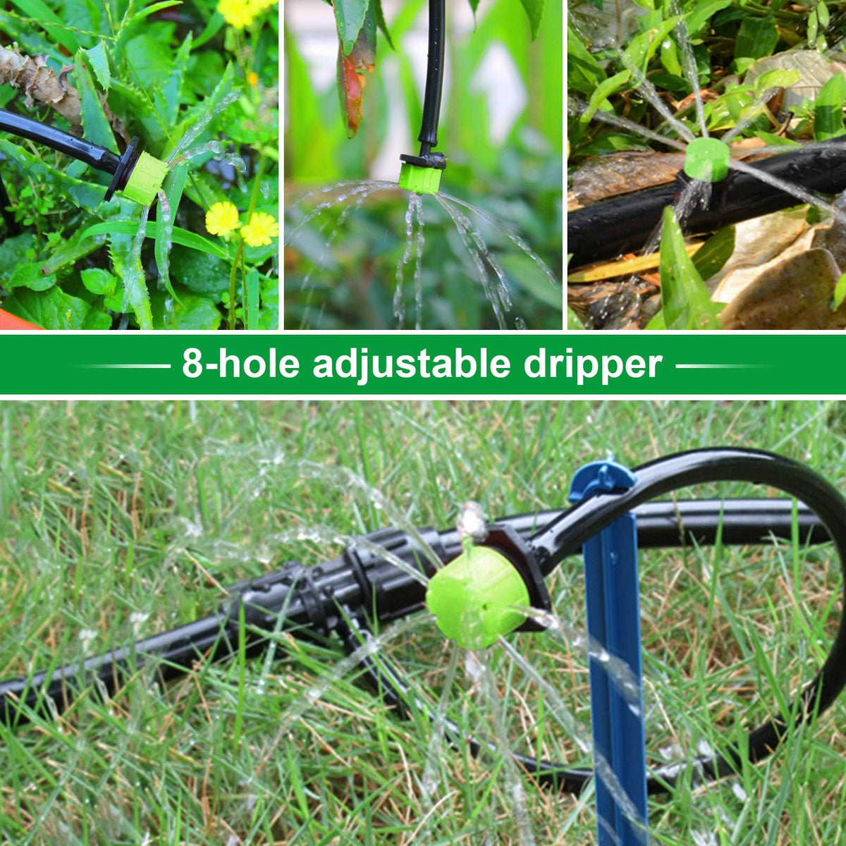 Kalolary 200Pcs Adjustable Irrigation Drippers, 1/4 Inch Barbed Drip Emitter 360 Degree Watering Sprinklers Anti-Clogging Drippers for 4mm/7mm Garden Watering System（Green）