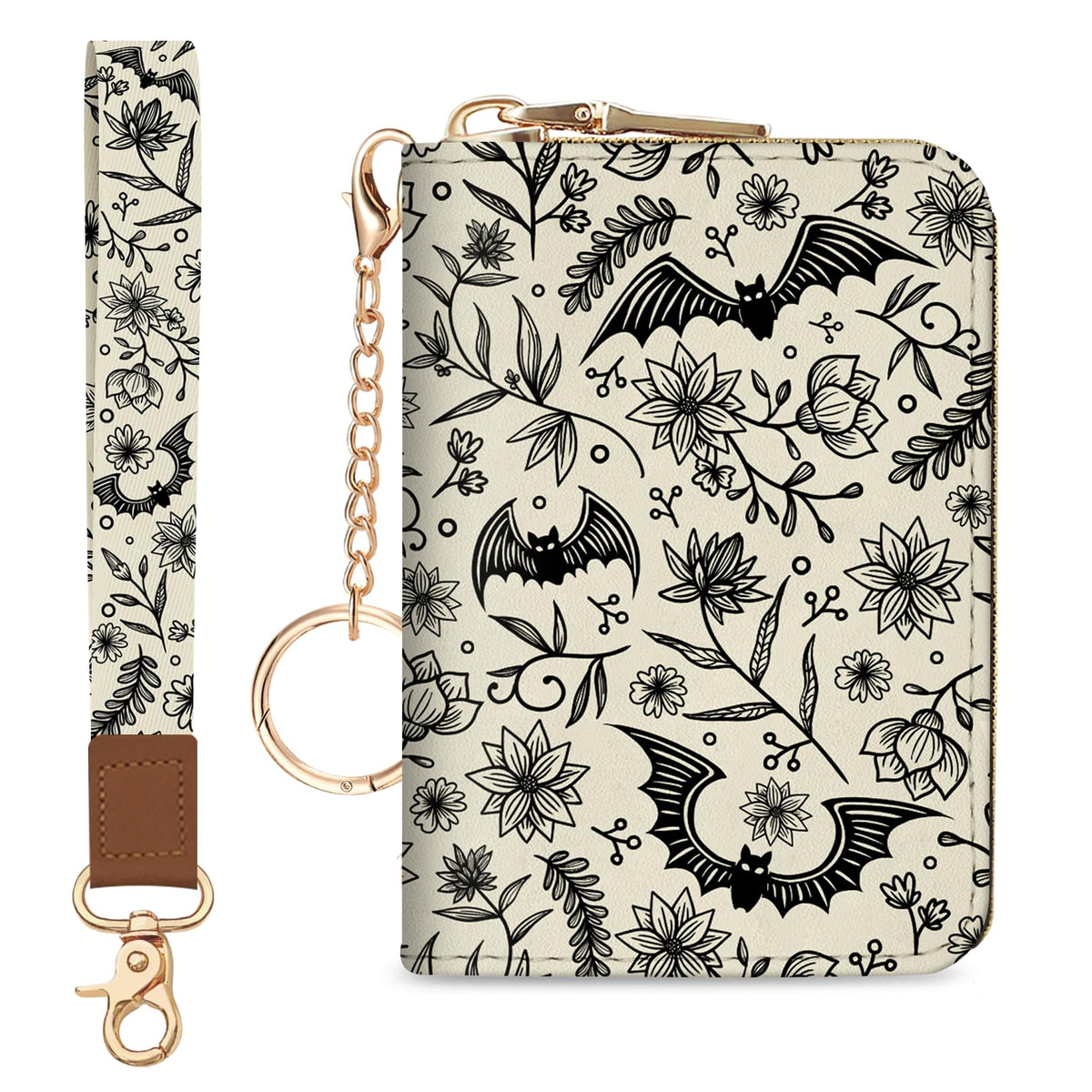 Blusabaca Credit Card Holder for Women, Goth Small RFID Blocking Wallet with Wristlet Strap, Gothic Zipper Keychain Women Wallet, Leather Card Case Wallet Purse with Key Lanyard