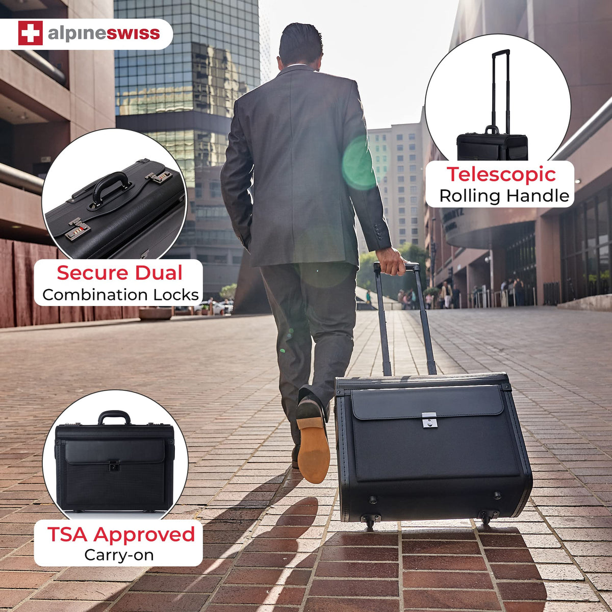 Alpine Swiss Rolling 17" Laptop Briefcase on Wheels Attache Lawyers Case Legal Size Black