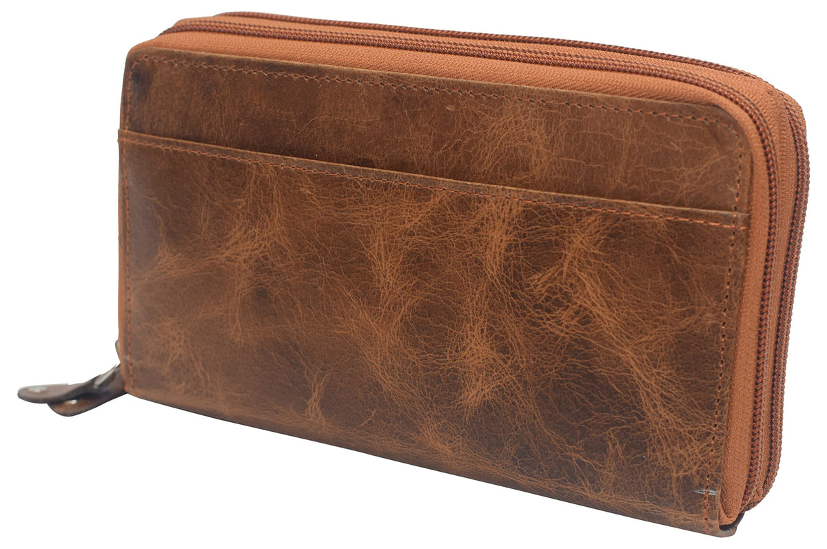 Cavelio Women RFID Blocking Wallet Leather Zip Around Phone Clutch Large Travel Purse (Tan)