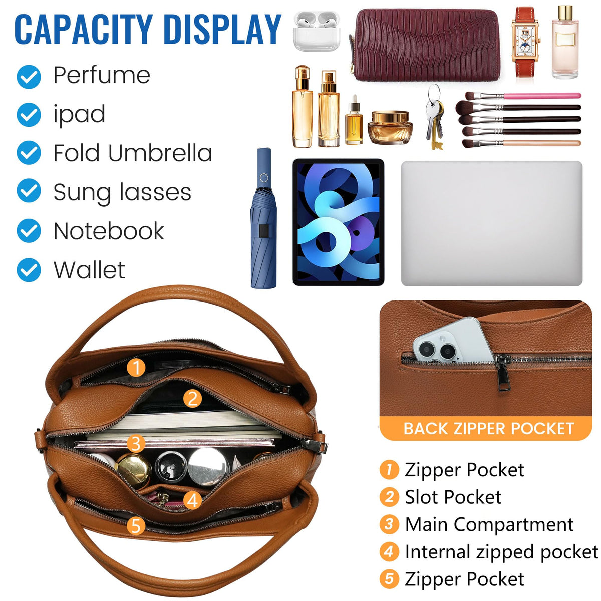 KOGTLA Women's Large Pebbled Leather Purses with Satchel Strap, Ladies Vegan Leather Tote Handbags, Hobo Shoulder Bags Brown