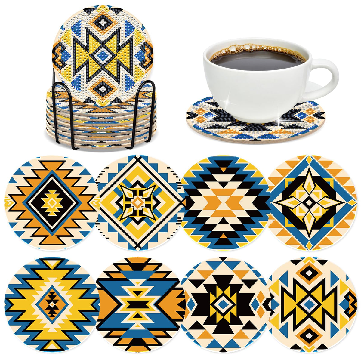 INCOK Aztec Diamond Art Coasters - 8 PCS DIY American Native Diamond Painting Coasters Kits for Drinks Coffee Abstract Boho Indian Art Craft Supplies Gift for Mexican Beginners