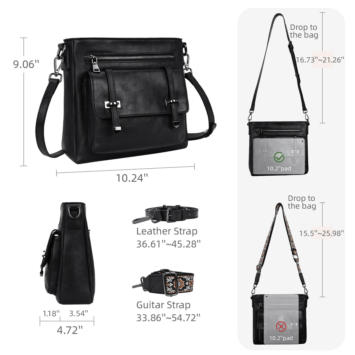 Iswee Soft Leather Crossbody Bags for Women Shoulder Handbags Multi Pocket Travel Purse with Adjustable Strap Medium Size (Black)