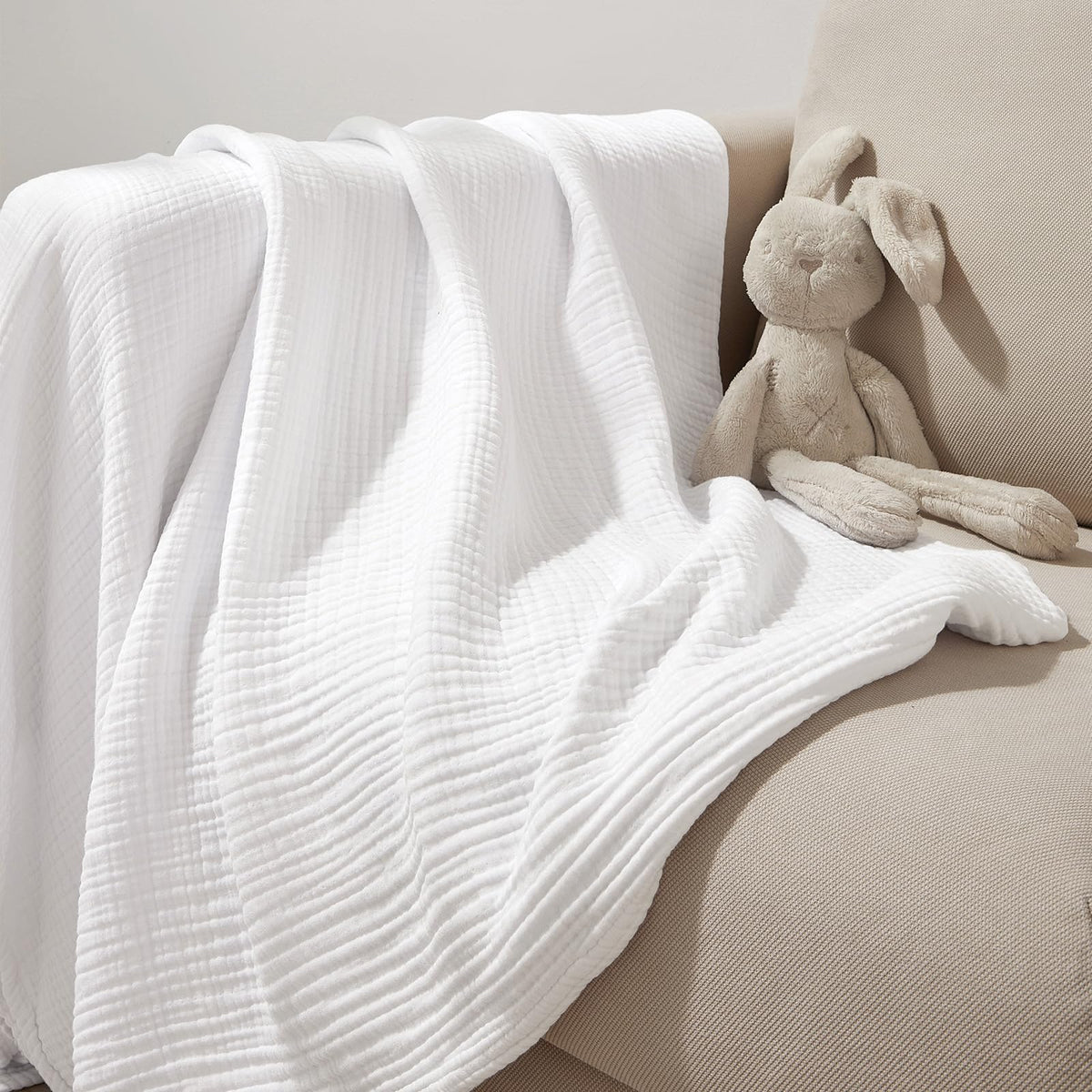 PHF 100% Cotton Muslin Throw Blanket 50" x 60", 4-Layer Lightweight Gauze Throw, Breathable Cloud-Soft Minimalist Blanket for Bed, Couch, Camping & Baby, White, Ideal Gift