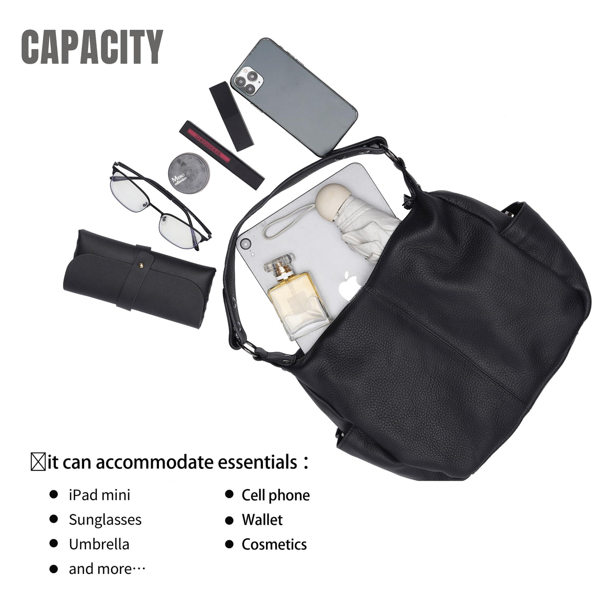 Genuine Leather Purses for Women Black Hobo Bag Work & Casual Crossbody Handbag with Two Adjustable Straps
