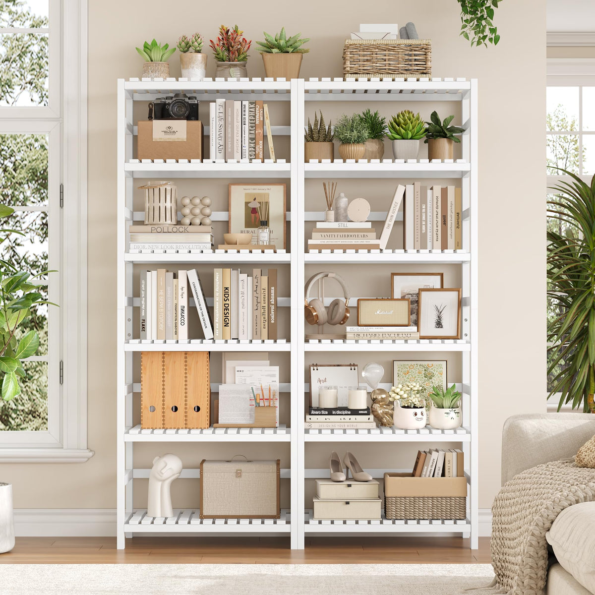 FOTOSOK 6-Tier Bamboo Shelf, Bamboo Bookcase with Adjustable Shelves, Free Standing Storage Shelf Unit, Plant Flower Stand for Bathroom, Kitchen, Home Office, White