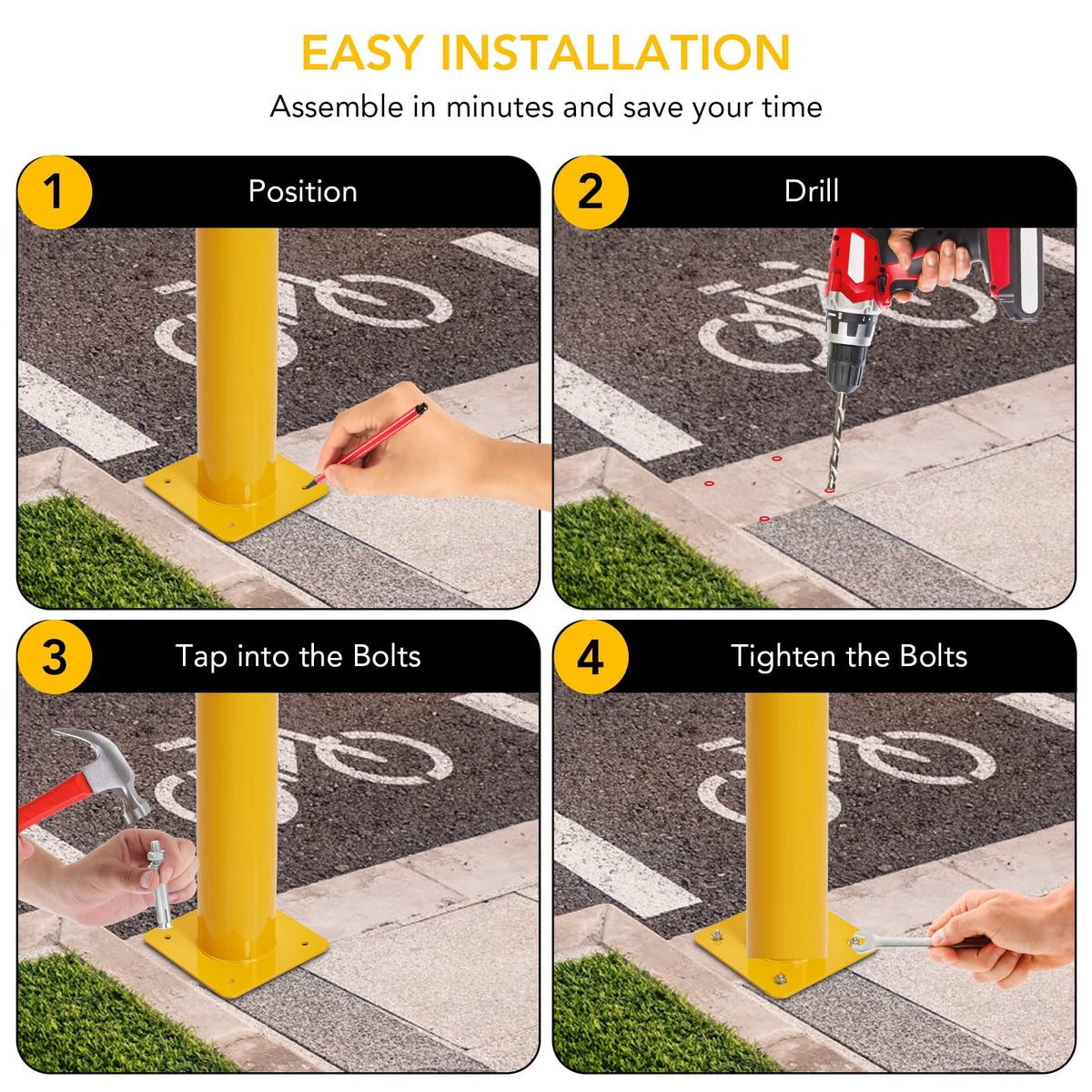 Safety Bollard Post 6 Packs, PeakPursuit 48 Inch Height Steel Bollards, 4.5 Inch Diameter Parking Bollard, Yellow Powder Coated Safety Parking Barrier Post, for Traffic Sensitive Areas