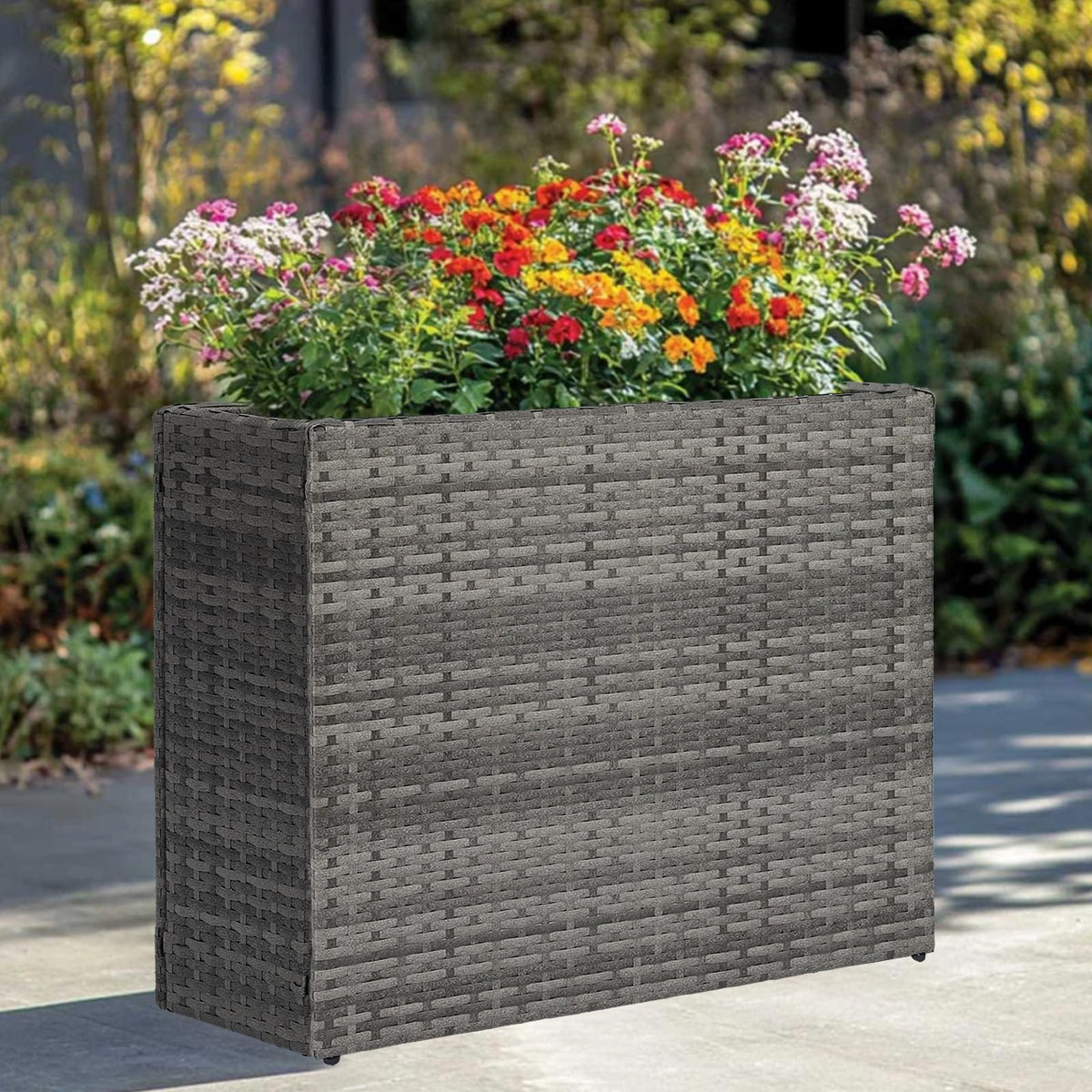 SUNNYPARK Gray Rectangular Planter Box All-Weather PE Rattan Large Modern Planters with Removable Liner Indoor Outdoor Decorative Flower Pot for Patio, Balcony, Garden