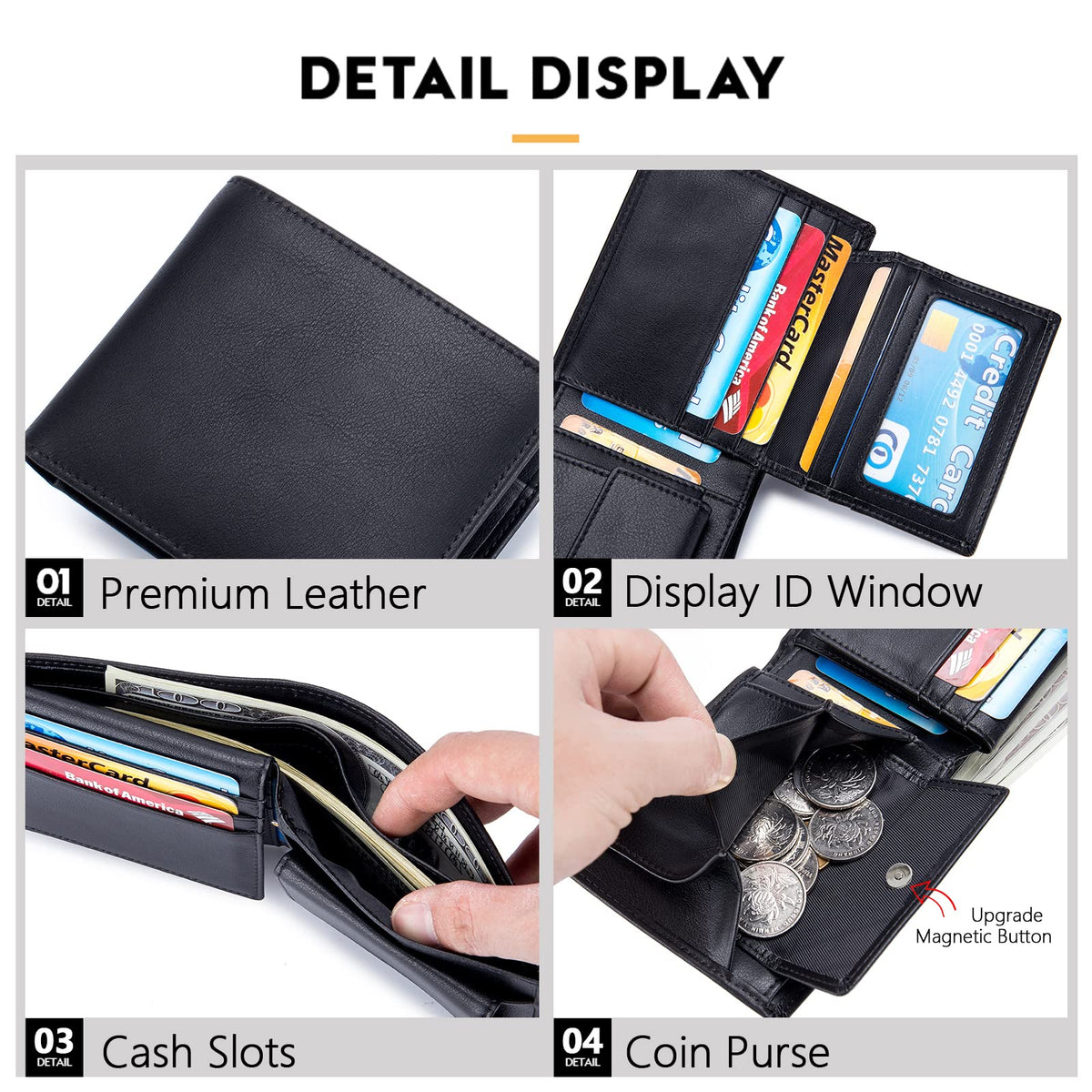 OFAMOUS Men's Leather Wallet with Coin Pocket Flip Up ID Window RFID Blocking Slim Bifold Credit Card Front Pocket Wallet (Black)