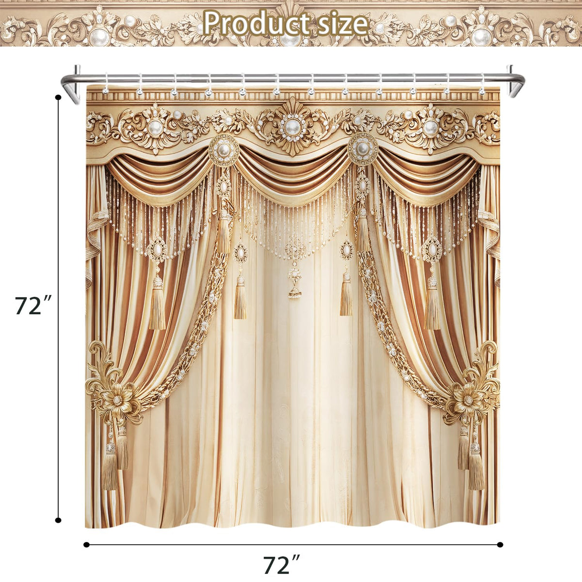Brystan Gold Luxury Shower Curtain, Elegant Funky Champagne Modern European Style Shower Curtains Set, Vintage Ornate Aesthetic Shower Curtains for Bathroom Polyester Fabric with Hooks 72X72IN