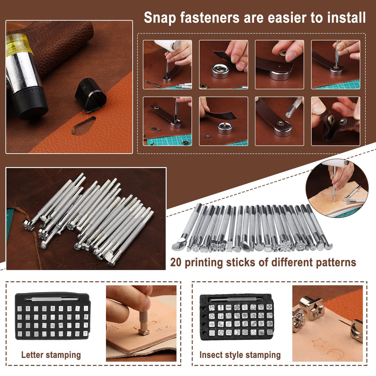 628Pcs Leather Working Tooling Set for Beginners, Starter Working and Tool Supplies with Leather Pony, Tooling Box, Stamping Punching Tools, Sewing Thread, Rivets Kit for DIY Crafts