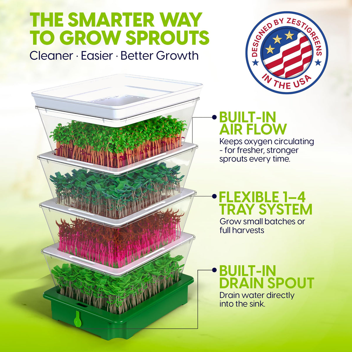 ZESTIGREENS 4-Tier Sprouting Kit - Stackable Seed Sprouter Trays with Drain Spout - Grow Fresh Sprouts at Home - BPA-Free