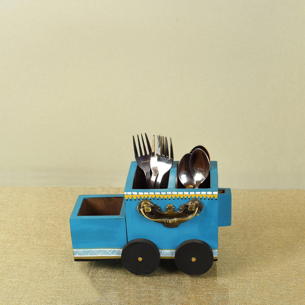 dudki The Blue Rider Wooden Cutlery Holder | Spoon Stand for Dining Table | Chammach Stand | Cutlery holder | Caddy organizer for kitchen storage spoons forks knives tissue paper Dispenser, Utensils