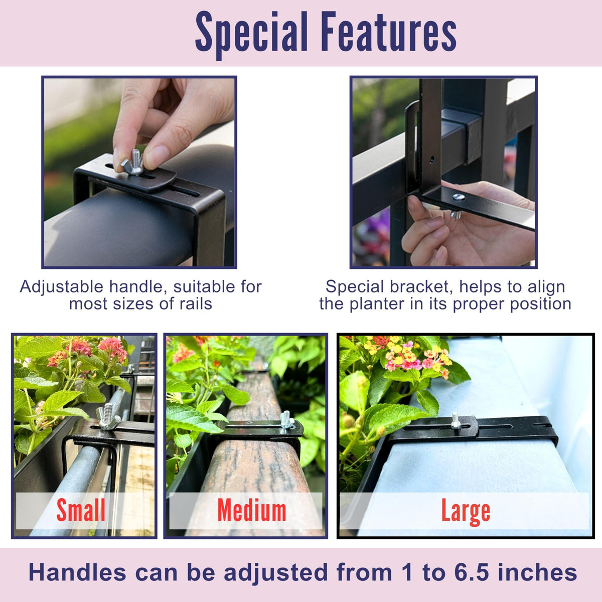 LaLaGreen Deck Railing Planter Boxes (14 Inch, 4 Pack) Self-Watering Window Box Planters with Brackets, Rectangular Hanging Flower Pots for Balcony Fence, Herb Garden Outdoor Black Plastic Planters