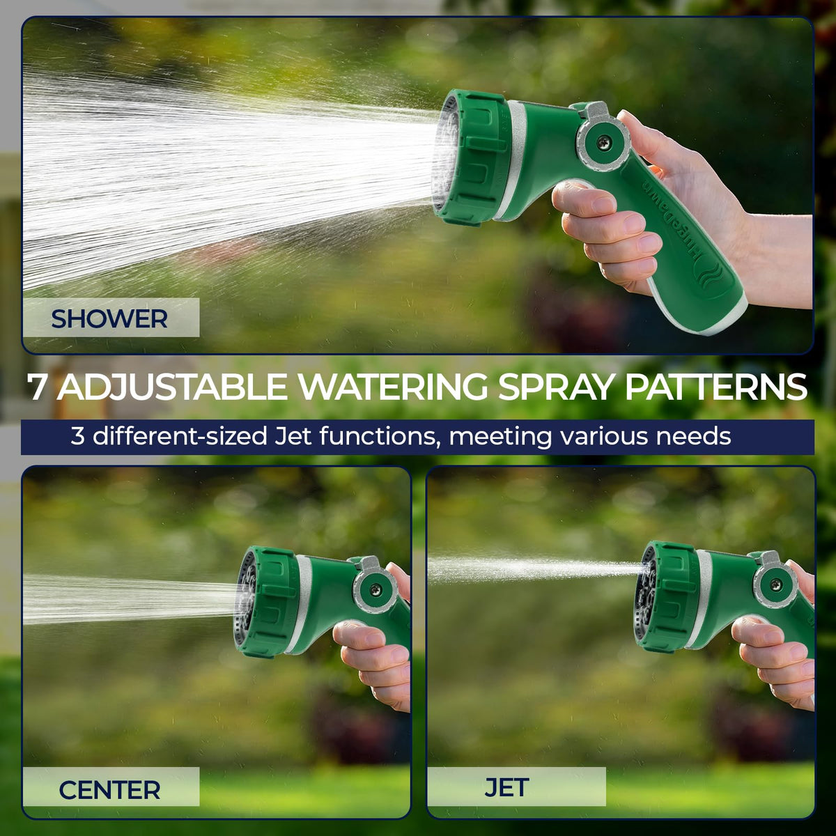 HugeDawn Garden Hose Nozzle with 7 Spray Patterns, Heavy Duty Metal Sprayer 30% Greater Water Flow for Watering, Car Wash, Outdoor Cleaning (Green)